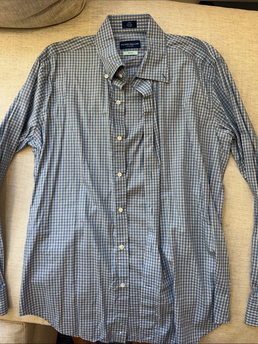 Peter Millar Blue and White Checked Long-Sleeve Button-Down Shirt